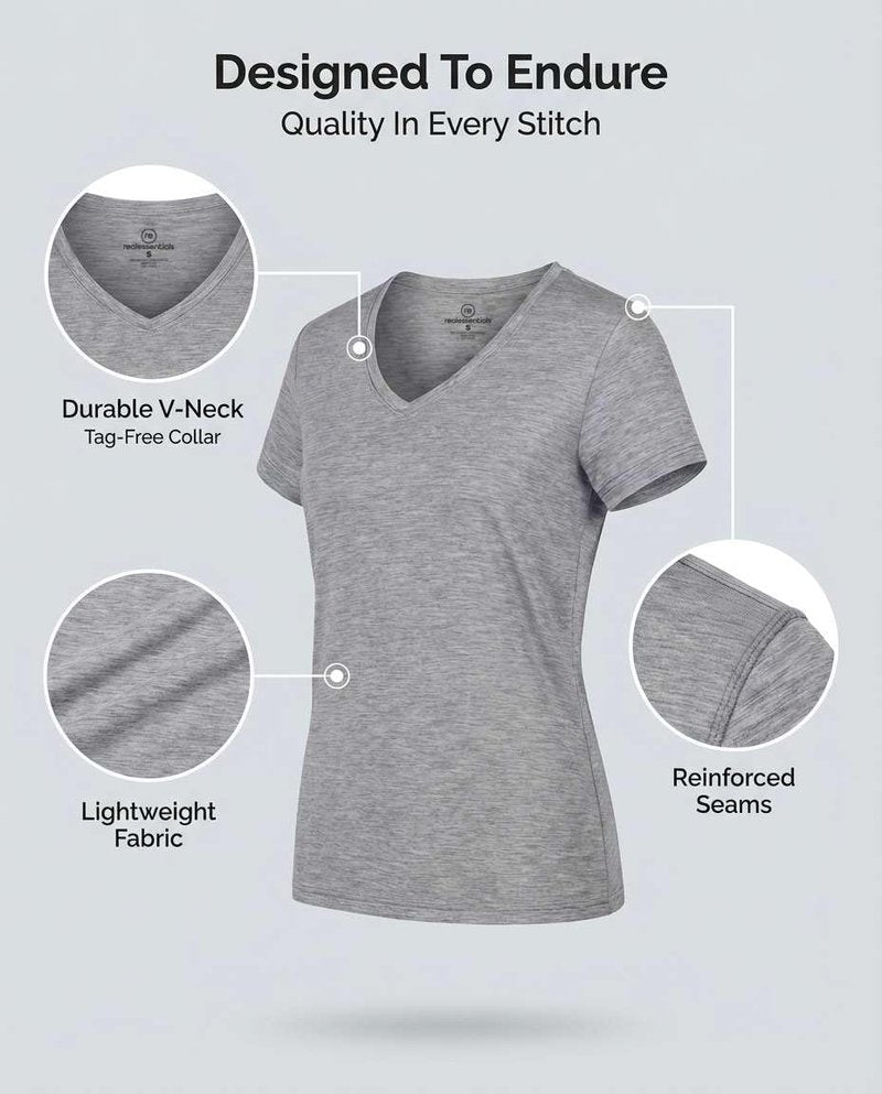 Real Essentials 5 Pack: Women's Dry-Fit Short Sleeve V Neck T Shirt Workout Fitness Yoga Top Tee, Set 16, XS