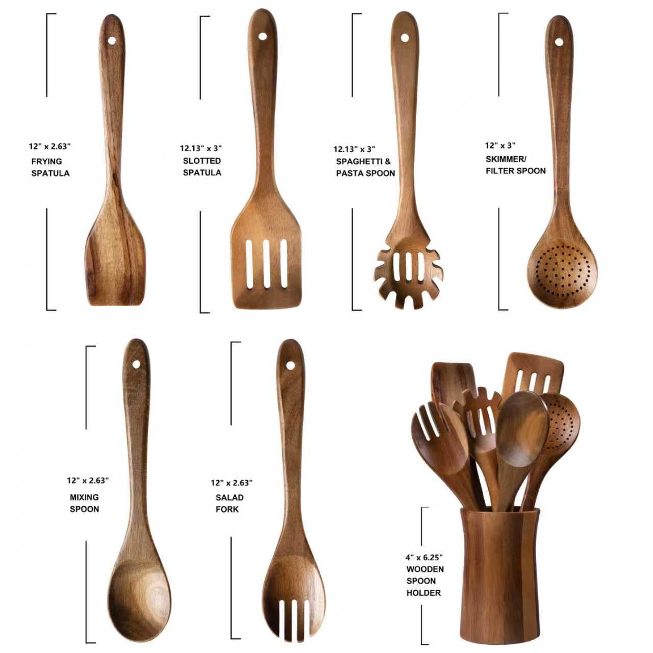 7 Piece Natural Acacia Wooden Kitchen Utensil Set with Holder - Wooden Spoons and fork for Cooking Comfort Grip Cooking Spoons, Spatulas, Strainer Spoon, Salad Fork, Mixing Spoon and Utensil Holder