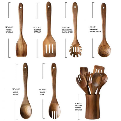 7 Piece Natural Acacia Wooden Kitchen Utensil Set with Holder - Wooden Spoons and fork for Cooking Comfort Grip Cooking Spoons, Spatulas, Strainer Spoon, Salad Fork, Mixing Spoon and Utensil Holder