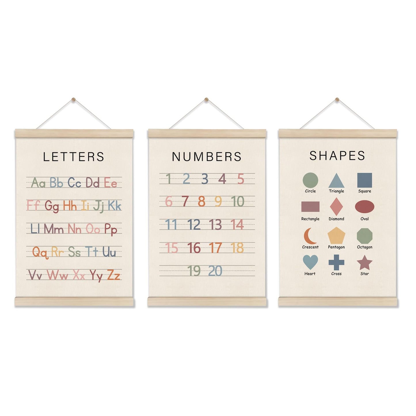 Set of 3 Alphabet Numbers Poster Hanger Frame, Preschool Learning Posters, Educational Canvas Wall Art, Montessori Nursery Wall, Toddler Room Decor for Boys Girls 16x12 Inch, Boho Classroom Decor