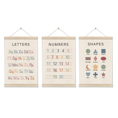 Set of 3 Alphabet Numbers Poster Hanger Frame, Preschool Learning Posters, Educational Canvas Wall Art, Montessori Nursery Wall, Toddler Room Decor for Boys Girls 16x12 Inch, Boho Classroom Decor