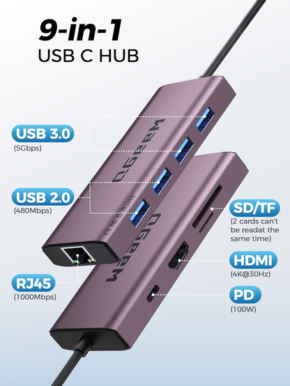 QGeeM USB C Hub Ethernet,9 in 1 USB Type C Hub HDMI Multi-Port Converter Adapter,100W Pd, USB 3.0,SD/TF Card Reader,Compatible for MacBook Pro Air Ipad HP Dell Lenovo Chromebook etc.