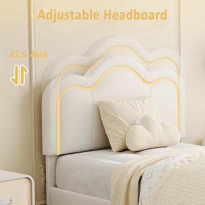 GarveeHome Twin Upholstered LED Bed Frame with Headboard and Storage Drawer, PU Leather Princess Platform Bed Frame for Kids, Wooden Slats Support, No Box Spring Needed (Cream)