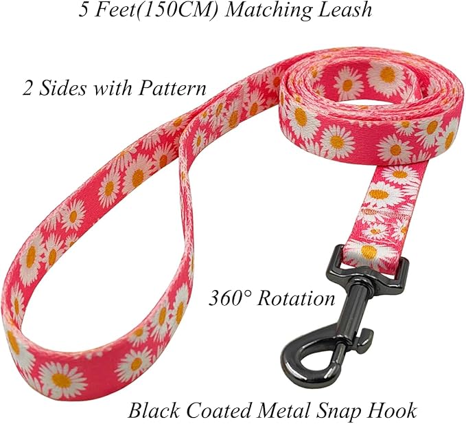 Dog Collar and Leash Set, Cute Pink Daisy Pattern, Polyester Material, 5ft Leash, for Large Dogs.(Large, Pink Daisy)