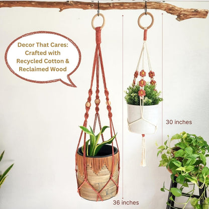 Set of 2 Macrame plant hanger with Daisies & Beads | Hanging plant holder Macrame Plant hangers outdoor and indoor hanging planters Plant stand indoor Boho Decor hanging planter stand (Cafe Latte)