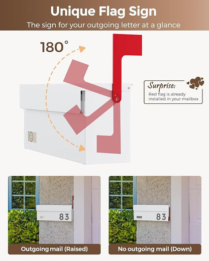Modern Mailboxes for Outside, Metal Wall Mount Mailbox, with One Flag Kit and Three Sets of Mailbox Number Stickers, 3.9" D×13" W×7.1" H, Rust Resistant Coating Mail Boxes for House, White