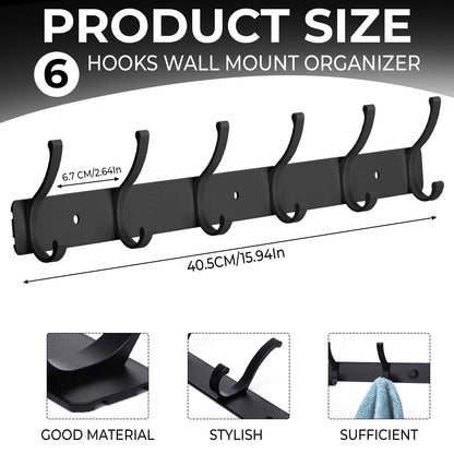 Dntorx Coat Rack Wall Mount, 2 Pack Coat Hooks Hanger Wall Double Hook Rack Rail Towel Hat Rack Entryway Bathroom Hanger Organizer for Robes, Clothes, Bags, Hat(Black)