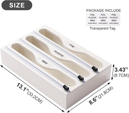 Wrap Dispenser with Cutter and Labels, Plastic Wrap Organizer For Kitchen,Bamboo 3-in-1 Wrap Dispensers for Cling Wrap Aluminum Foil and Wax,Storage Organization Holder（White）