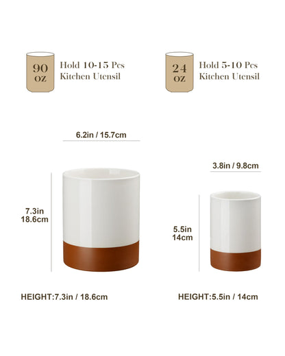 MALACASA Utensil Holder, 7.3"+5.5" Ceramic Kitchen Utensil Holder for Countertop, Large Cooking Utensil Crocks for Kitchen Counter, Farmhouse Utensils Organizer, Set of 2, Khaki White, Series TARA