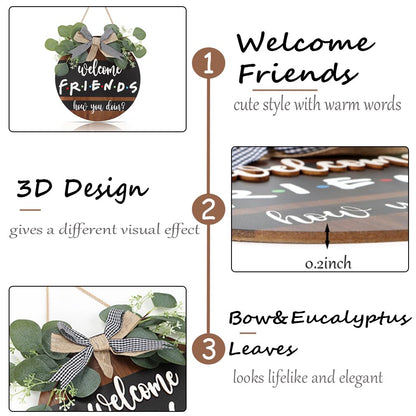 FWIEXA 3D Welcome Friends How You Doin Door Sign (11.4"x11.4"), Friends Merchandise TV Show Gifts for Men Woman, Rustic Farmhouse Welcome Wreath for front Door Porch Outdoor