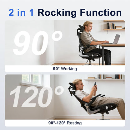 marrap Ergonomic Office Chair, Mesh Seat Cushion with 3D Armrests and 3D Headrest, Adjustable Lumbar Support with 90-120° Rocking Function, Black
