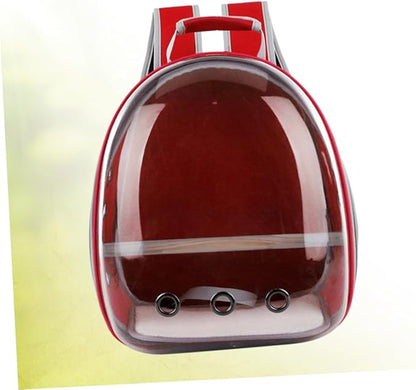 Portable Pet Backpack for Birds Breathable Capsule Carrier Ventilation and Inner Wooden Bar for Outdoor Travel Red Transparent Parrot Bag