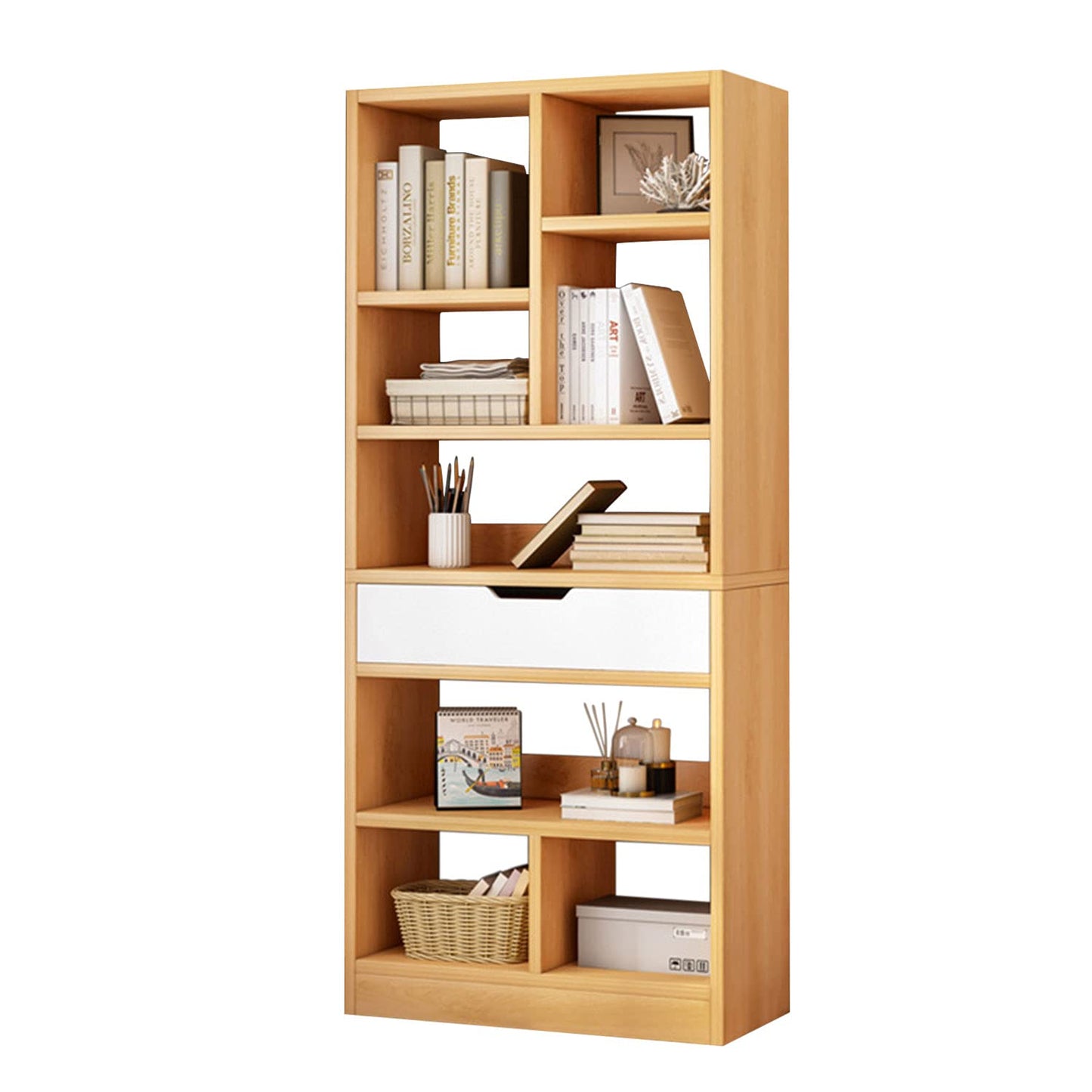 IOTXY Wooden Open Shelf Bookcase - 61 Inches Height Freestanding Display Storage Cabinet Organizer with 8 Cubes and a Drawer, Floor Standing Bookshelf in Maple Yellow