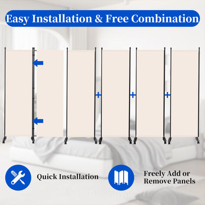 Room Divider 6FT Room Partition with Lockable Wheels, (Thicked Metal Base) Room Dividers, Freestanding Indoor Folding Privacy Screens, Portable Fabric Wall Divider for (Beige, 132"- 6 Panel)