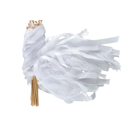 Trutob 30 Pcs Wedding Wand, White Ribbon Sticks, Wedding Streamers, Lace Ribbon Streamers, Wedding Exit Items, Send Off Wands, Props Sticks with Bells for Wedding Party Celebration Favors