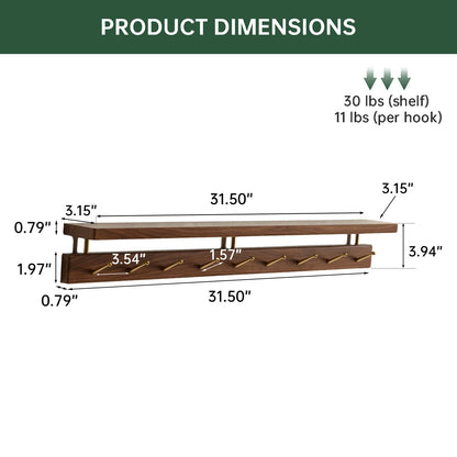 Wayshome Walnut Wall Hooks with Shelf, Coat Rack Wall Mount, Entryway Hanging Shelf with 9 Brass Hooks for Hats, Clothes, Towels, Bags, Black Walnut Wood, Natural