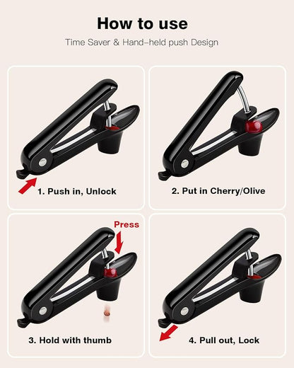 Cherry Pitter, Cherry Pit Remover Tool Cherries Corer Pitter with Hand-held Push, Olive Seed remover stones with lock design, Durable Cherries seed Corer for Cherry Jam -Black