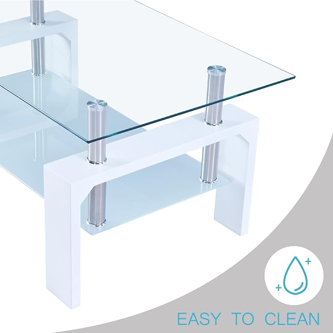 Living Room Rectangle Coffee Table, Tea Table Suitable for Waiting Room, Modern Side Coffee Table with Wooden Leg, Glass Tabletop with Lower Shelf, White 39.5 * 23.5 * 17.5