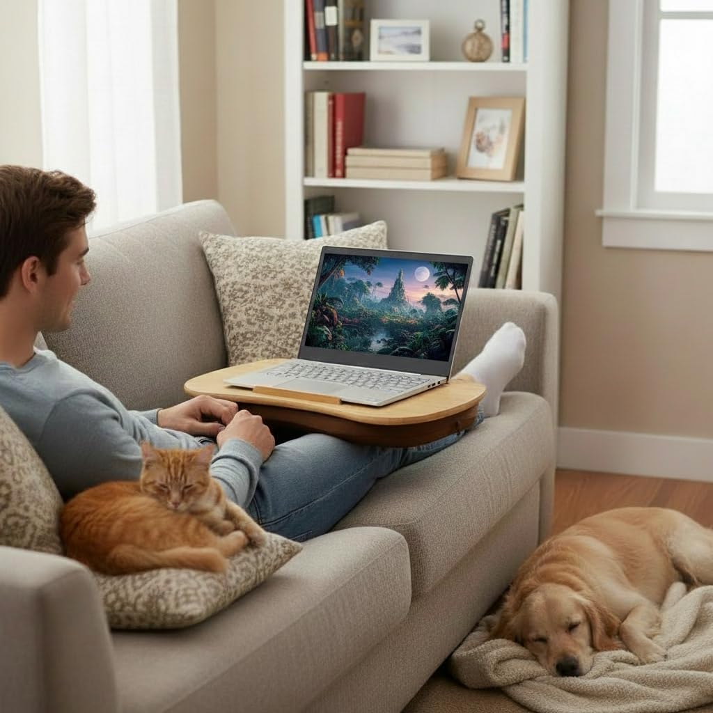SANJIMO Lap Desk for Laptop with Cushion-Fits up to 17 inch, Bamboo Computer Laptop Stand with Phone Hoder, Anti-Slip Stopper