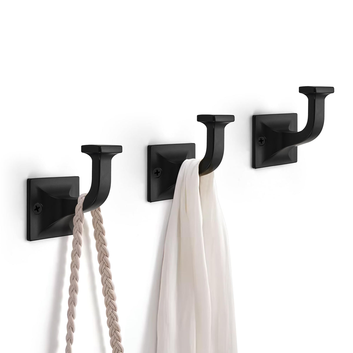 TUNNY 3 Pack Coat Hooks - Matte Black Robe Hooks Decorative Wall Hooks for Bathroom Bedroom Kitchen Towel Robe Clothes Cabinet Closet Bathroom Hardware