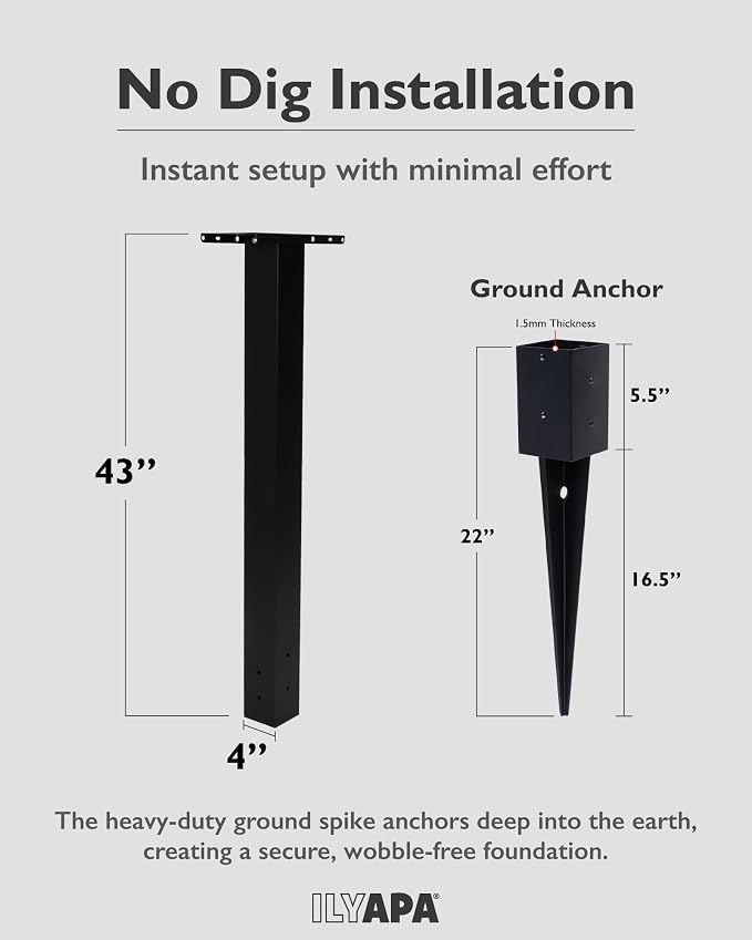 Ilyapa No Dig Mailbox Post for Outside, 43x4x4 inch Metal Post with 16 in. Ground Anchors & Two Universal Mailbox Mounting Bracket for Modern & Traditional Residential Mailboxes