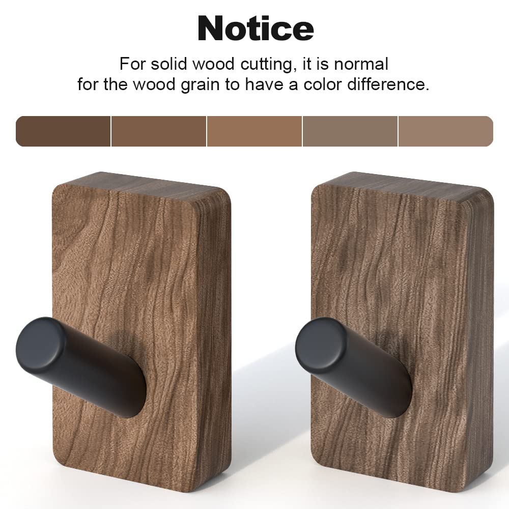 IURRDOP 4 PCS Black Walnut Wood Wall Hooks, Adhesive Mounted & Wall Mounted Rustic Decorative Entryway Hooks, Mid Century Modern Natural Wooden Pegs for Hanging Coat Clothes Hat Bag Purse and Towel