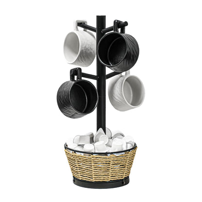 Wood Mug Holder Tree With Woven Basket, 4 Hooks Coffee Mug Holder, Countertop Mug Tree For Kitchen Counter Cabinet Coffee Bar Accessories Cup Display Organizer Hanger(Black)