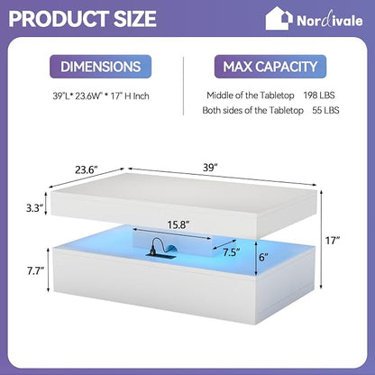 39” High-Glossy LED Coffee Table with 2 Sliding Drawers, Living Room Storage Coffee Tables, Modern Stylish Double-Layer Center Tables with LED Lights, White