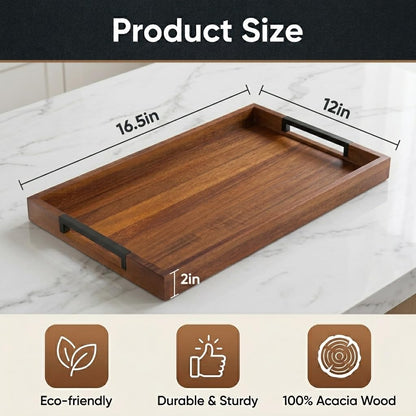 Acacia Wood Serving Tray with Handles, Large Wooden Ottoman & Coffee Table Tray 16.5"x12" with 2 Silicone Mats – Decorative Wooden Serving Tray for Breakfast in Bed, Kitchen, Bar & Home Décor