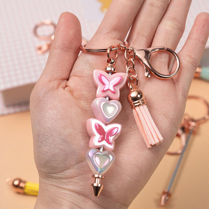 40 Pcs Beadable Keychain Bar, Golden-Pink Beaded Keychain for Pendant DIY and Colorful Leather Tassel Loose, Alloy Keychain Accessories Bulk for Keychain Supplies Jewelry Making Gift (Gold-Pink)