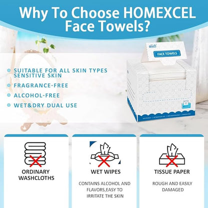HOMEXCEL Face Towels, Biodegradable Makeup Remover Dry Wipes, Super Soft Clean