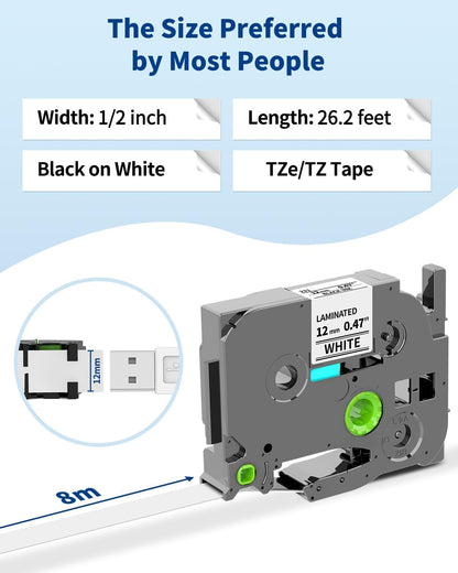 Label Maker Tape Replacement for Brother P Touch Label Tape 12mm 0.47 Laminated White TZe-231 TZe231 TZe TZ Label Maker Refills for Brother PT-D220 D210 H110 D410 D610BT, 12mm x 8m, 6-Pack