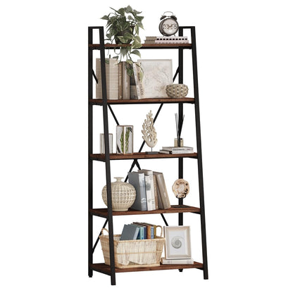 BON AUGURE Ladder Shelf Bookcase, 5-Tier Industrial Ladder Bookshelf, Tall Living Room Shelves, Wood and Metal Leaning Shelf for Home Office, Kitchen, Bedroom, Balcony (Rustic Oak)