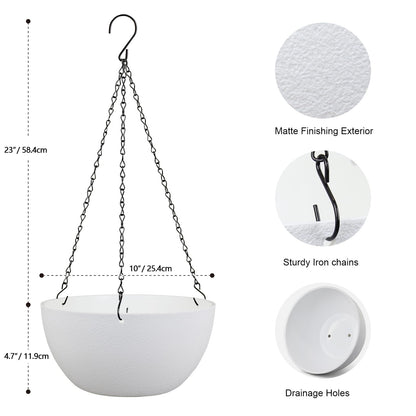 Meowell 10 inch Hanging Planters for Indoor Outdoor Plants, 2 Pack Hanging Flower Pots with Drainage Holes and Chain for Garden Balcony Porch, Round Plastic Hanging Baskets for House Plants, White