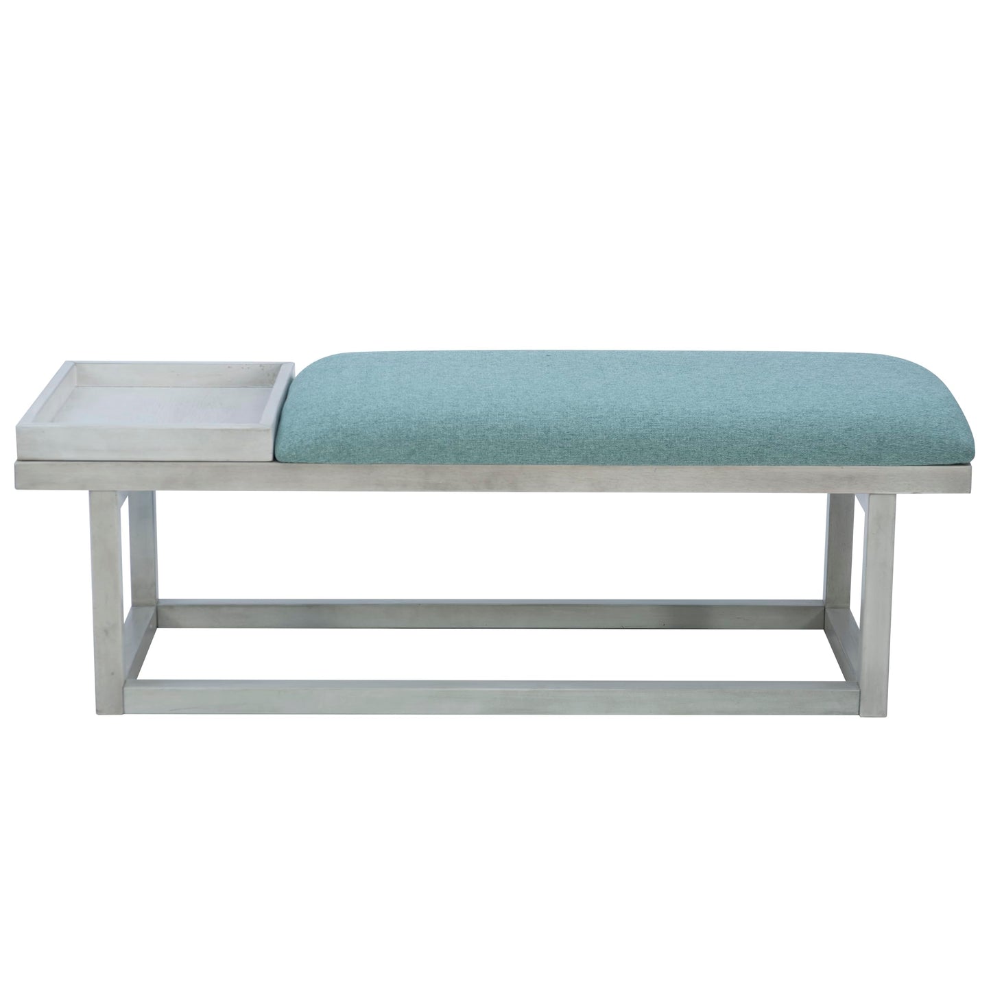 Powell Oakland White Washed Wooden Bench with Aqua Upholstered Seat and Removable Wood Tray
