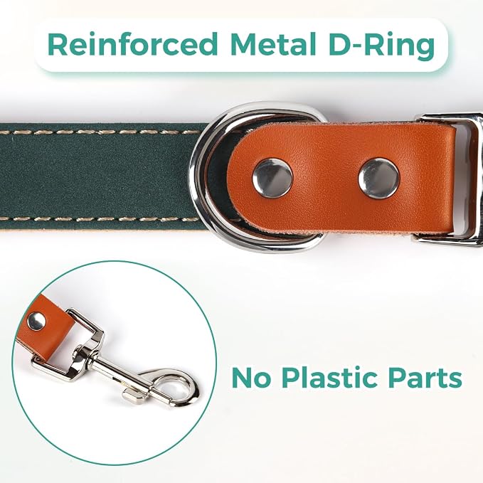 Dog Collar and Leash Set, PU Leather Dog Collar – Adjustable Eco-Friendly with Genuine Leather & Hemp, Soft Breathable Dog Collar Set for Small to Large Dogs (Green, M（12“-19”）)