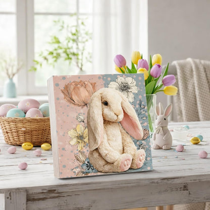 Easter Bunny Wooden Block Sign, Cute Floral Spring Farmhouse Decor Shelf Sitter for Table Mantel Tiered Tray, Pastel Easter Home Accent Gift