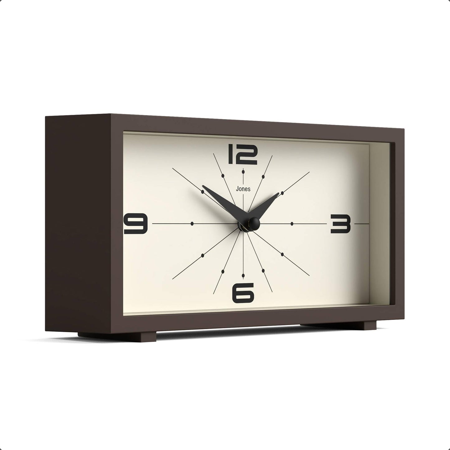 JONES CLOCKS® 'Odeon' Desk Clock | Modern Rectangular Design in Brown, Stylish Retro Look for Shelf, Table, Mantel or Bedside