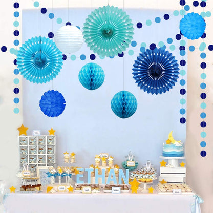 Decor365 Blue Birthday Party Decorations Kit Paper Fans Pom Poms Circle Dot Garlands Ocean Theme Hanging Decor Under the Sea Beach Baby Shower Wedding Classroom Summer Anniversary Kids Room