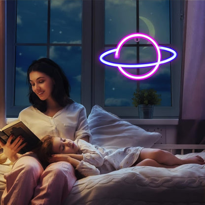 4 Pcs LED Decorative Neon Night Signs, Hanging Lighted Up Neon Sign for Bedroom Room Decor Neon Lights Led Cloud Signs Light Sign for Home Decor Pink/Blue Planet