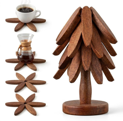 Wooden Trivets for Hot Dishes, Foldable Tree Trivet Set with Stand, 4-Layer Walnut Wood Trivet for Pots, Pans, Coffee & Teapot, Space Saving Table Protector for RV, Decorative Kitchen Decor & Gift