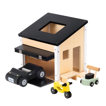 OOOK Wooden Dollhouse Garage Set Includes Workbench, Lawn Mower, Bicycle and Car, Dollhouse Furniture & Accessories for Kids