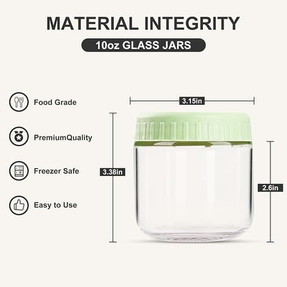 SHOWIN Overnight Oats Containers with Lids, 10oz Glass Jars with Lids 4 pcs, Light Green, Wide Mouth Mason jars for Salad, Yogurt, Snacks, Meal Prep