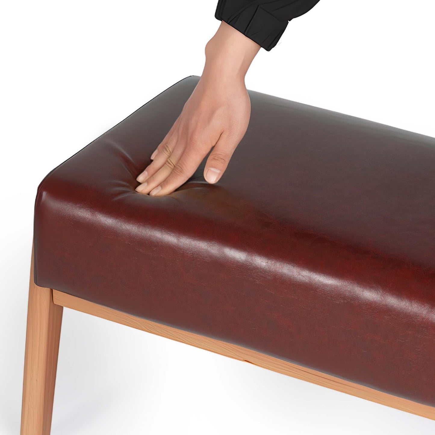 ACONUP Foot Stool, Leatherette Wooden Step Stool, Modern Rectangle Ottoman Wide Vanity Stool with Cushion for Couch Living Room Bedroom Entryway, Brown