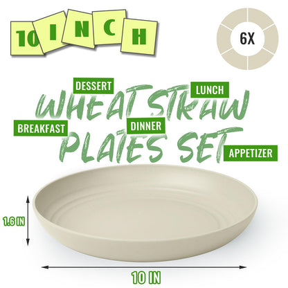 Perlapoc Wheat Straw Plates 6-Piece Set, 10 Inch Unbreakable Deep Dinner Plates, Reusable Plastic Plates Microwave and Dishwasher Safe BPA-Free for Family, Daily Use, LightGrey