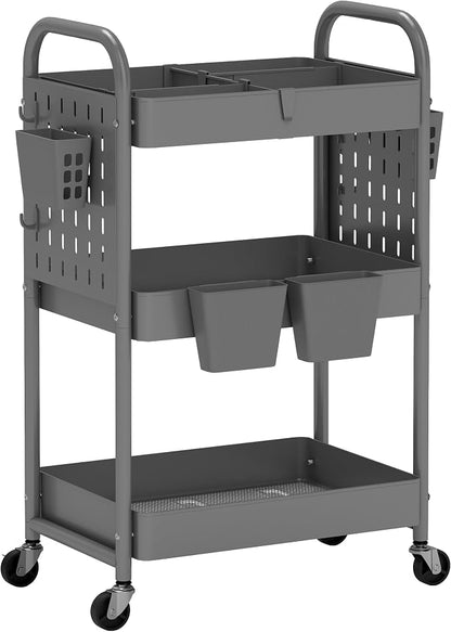 danpinera 3 Tier Rolling Cart with Retractable Dividers, Multi-Functional White Rolling Utility Cart with Pegboards, Hooks & Hanging Cups for Nursery, Living Room, Studio