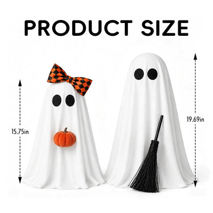 Halloween Decorations, 2 Pack Lighted Spooky Ghost with Pumpkin and Buffalo Plaid Bow, Cute Standing Ghost Decor for Halloween Decorations Indoor Home Office Table Mantel Shelf Party Supply