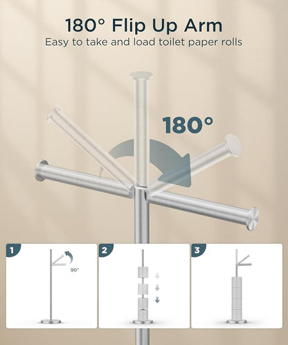 FORIOUS Toilet Paper Holder Stand, Toilet Paper Storage with 4 Rolls, Freestanding Tissue Roll Holder for Bathroom, Durable 304 Stainless Steel and Weighted Base Toilet Paper Stand, Brushed Nickel
