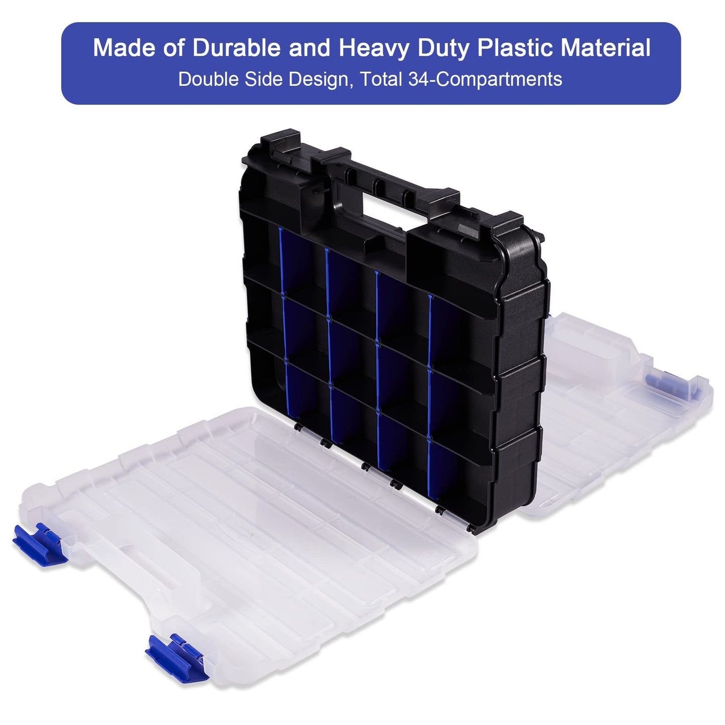 Hardware Organizer Box with 34 Compartments & Removable Dividers - Durable Plastic Double Side Tools Box for Nuts, Bolts, Screws, Nails & Small Hardware (Blue)