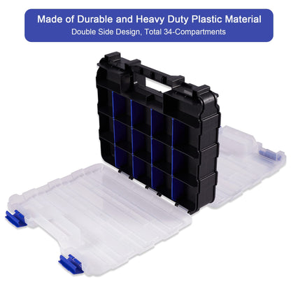 Hardware Organizer Box with 34 Compartments & Removable Dividers - Durable Plastic Double Side Tools Box for Nuts, Bolts, Screws, Nails & Small Hardware (Blue)